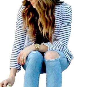 Tahari Navy White Striped Nautical Unstructured Blazer Size M
